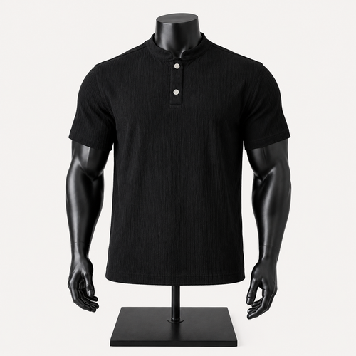 VAREN FORM Bark Texture Henley Polo Shirt in black front view