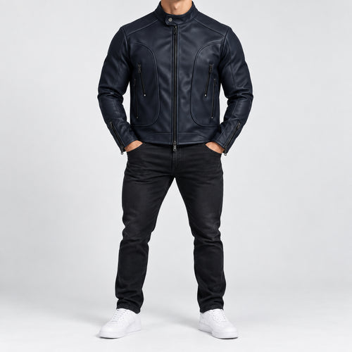 Men's Black Faux Leather Moto Jacket in Black, worn view