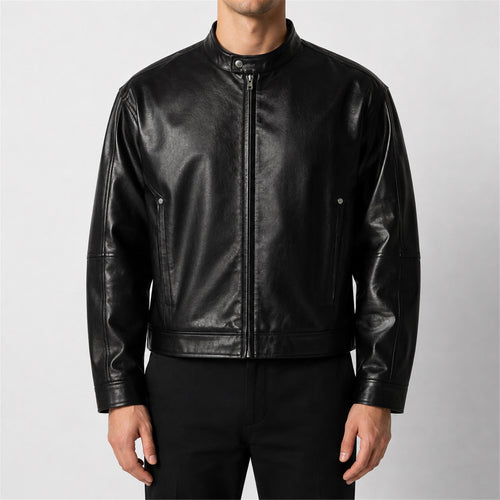 Men's Black Leather-Look Moto Jacket in Black, worn view