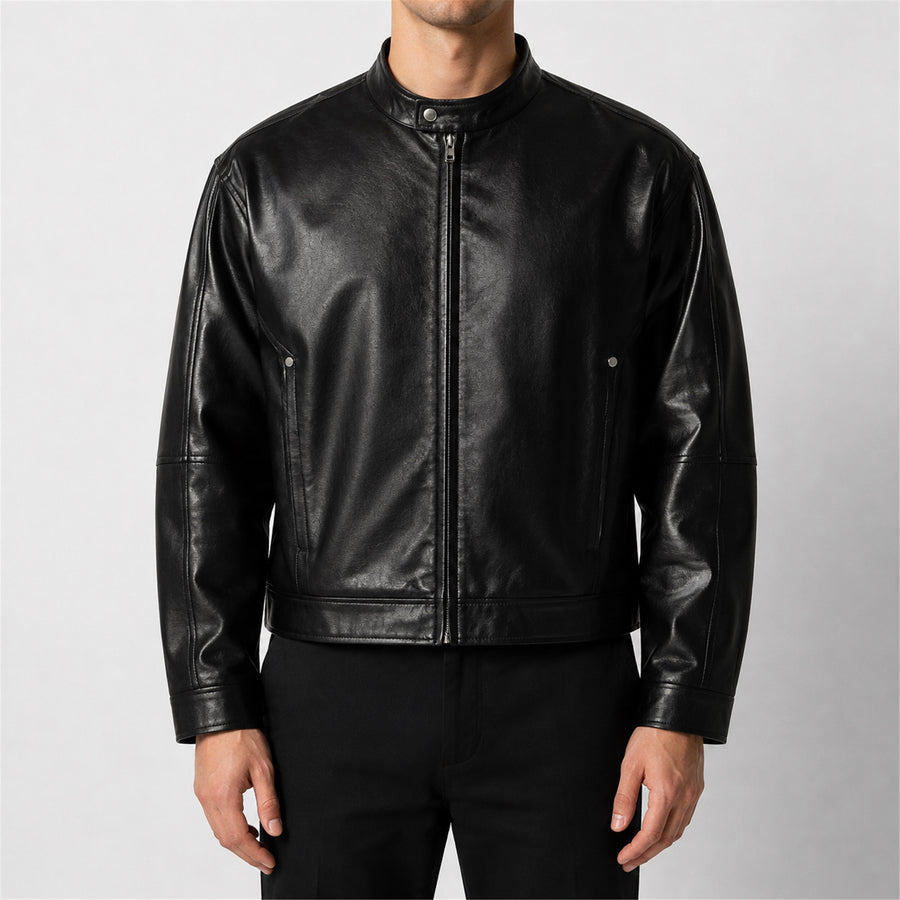 Men's Black Leather-Look Moto Jacket