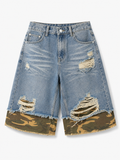 VAREN FORM Camo Panel Distressed Denim Shorts in Light Blue Camo for men's gym-to-street wear