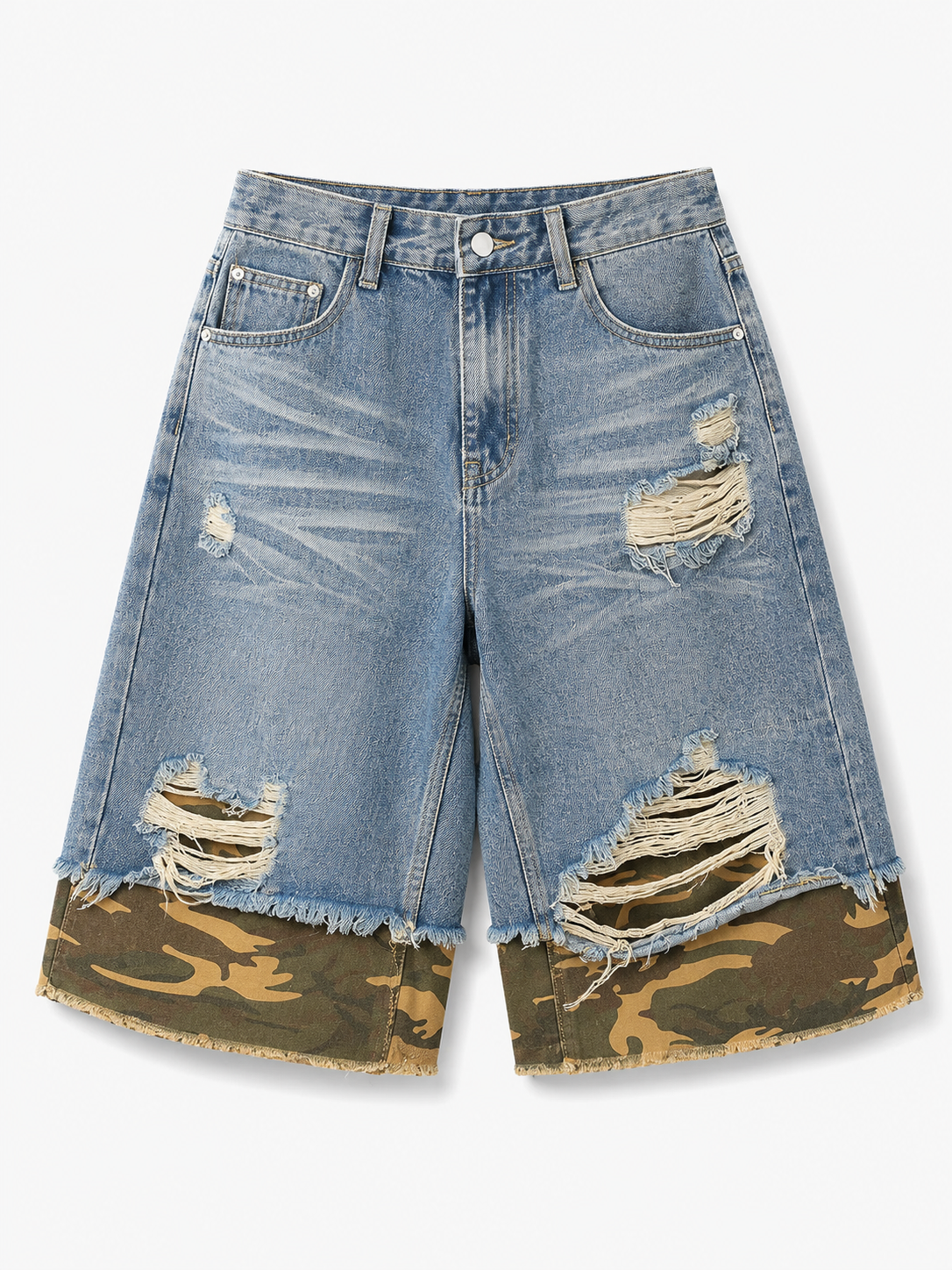 VAREN FORM Camo Panel Distressed Denim Shorts in Light Blue Camo for men's gym-to-street wear