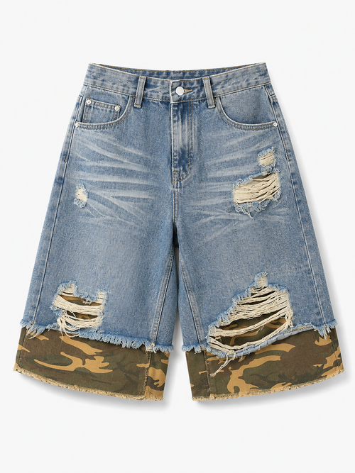 VAREN FORM Camo Panel Distressed Denim Shorts in Light Blue Camo