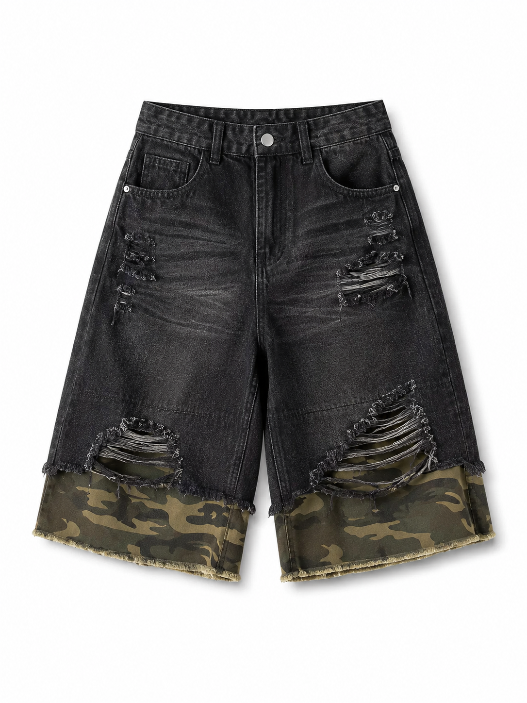 VAREN FORM Camo Panel Distressed Denim Shorts in Washed Black Camo