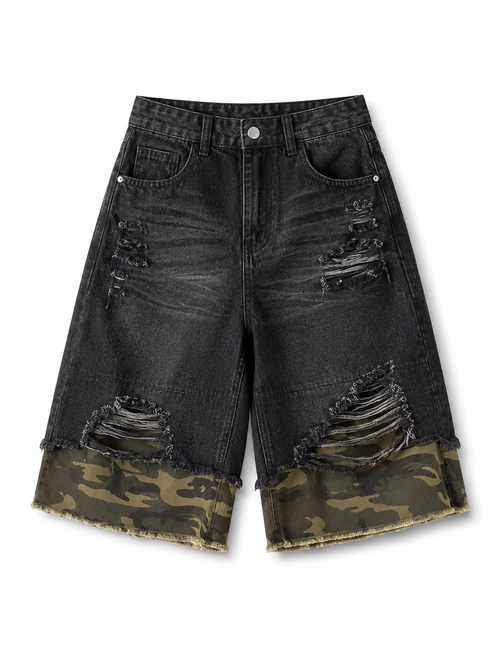 VAREN FORM Camo Panel Distressed Denim Shorts in Washed Black Camo