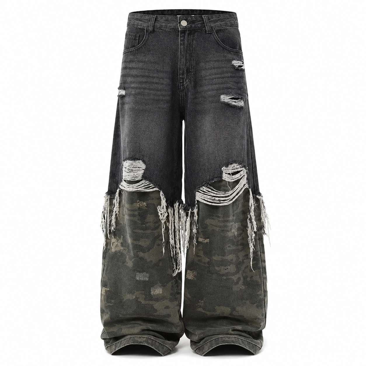 VAREN FORM Camo Patch Distressed Wide-Leg Jeans in Washed Black Camo for men's gym-to-street wear