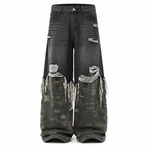 VAREN FORM Camo Patch Distressed Wide-Leg Jeans in Washed Black Camo