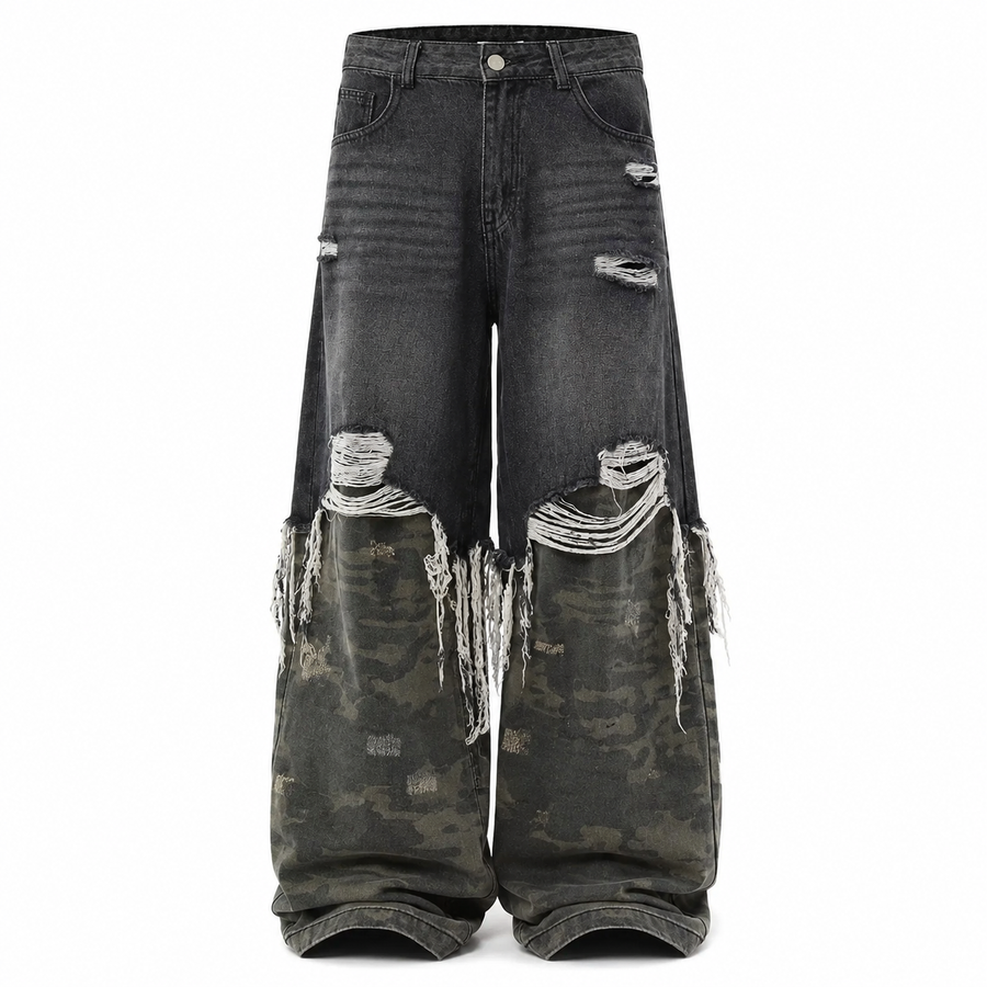 Camo Patch Distressed Wide-Leg Jeans