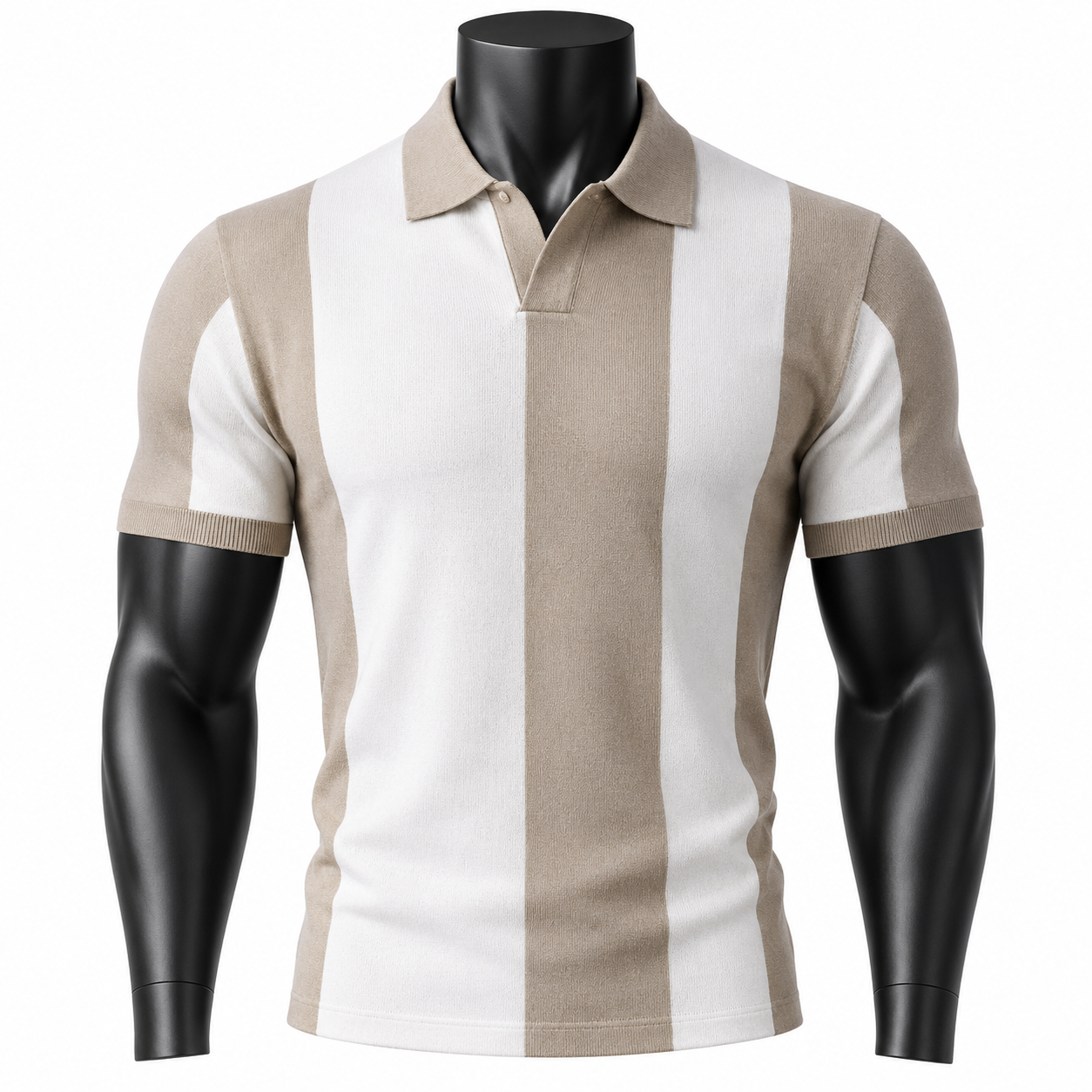 VAREN FORM Colorblock Ribbed Knit Polo Shirt in Beige Ivory