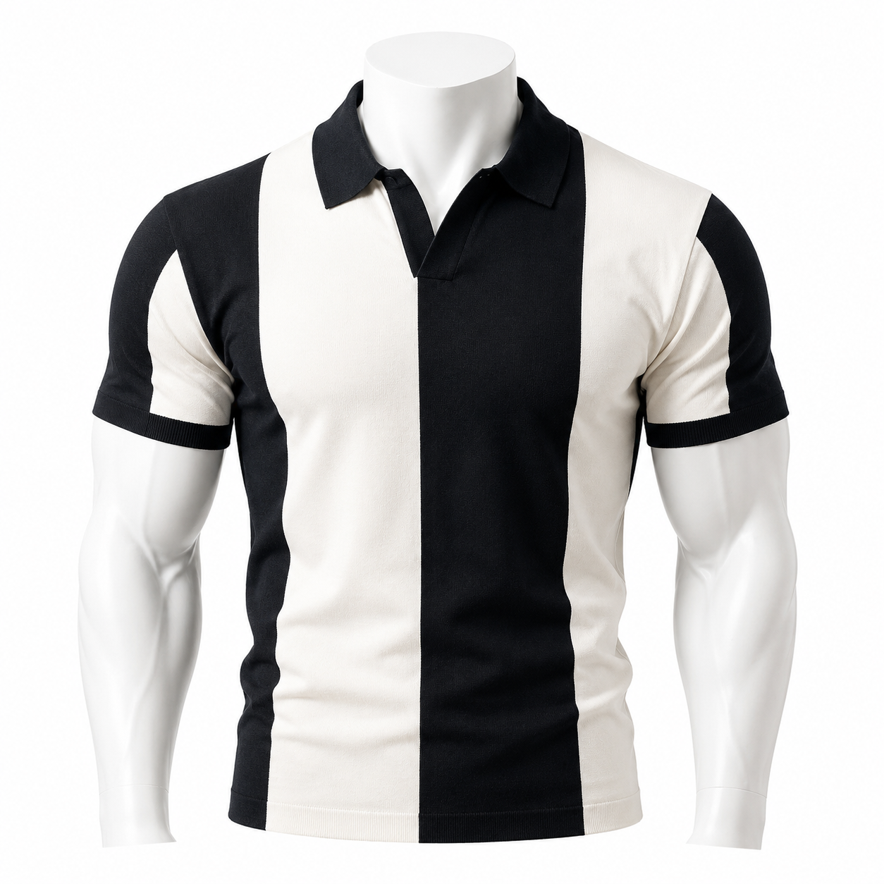 VAREN FORM Colorblock Ribbed Knit Polo Shirt in Black Ivory for men's gym-to-street wear