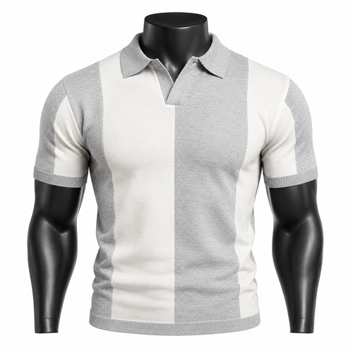 VAREN FORM Colorblock Ribbed Knit Polo Shirt in Grey Ivory