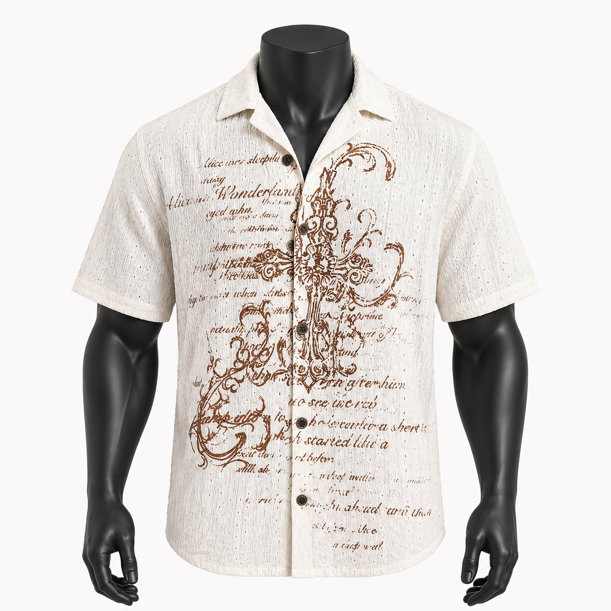 VAREN FORM Cross Graphic Short Sleeve Camp Shirt in Ivory Cross for men's gym-to-street wear