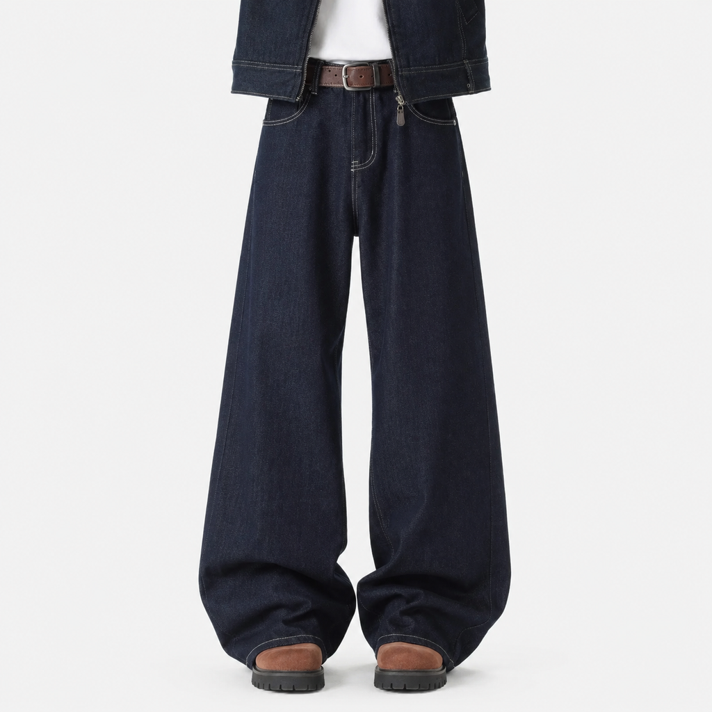 VAREN FORM Embroidered Wide-Leg Denim Jeans in Indigo Navy for men's gym-to-street wear