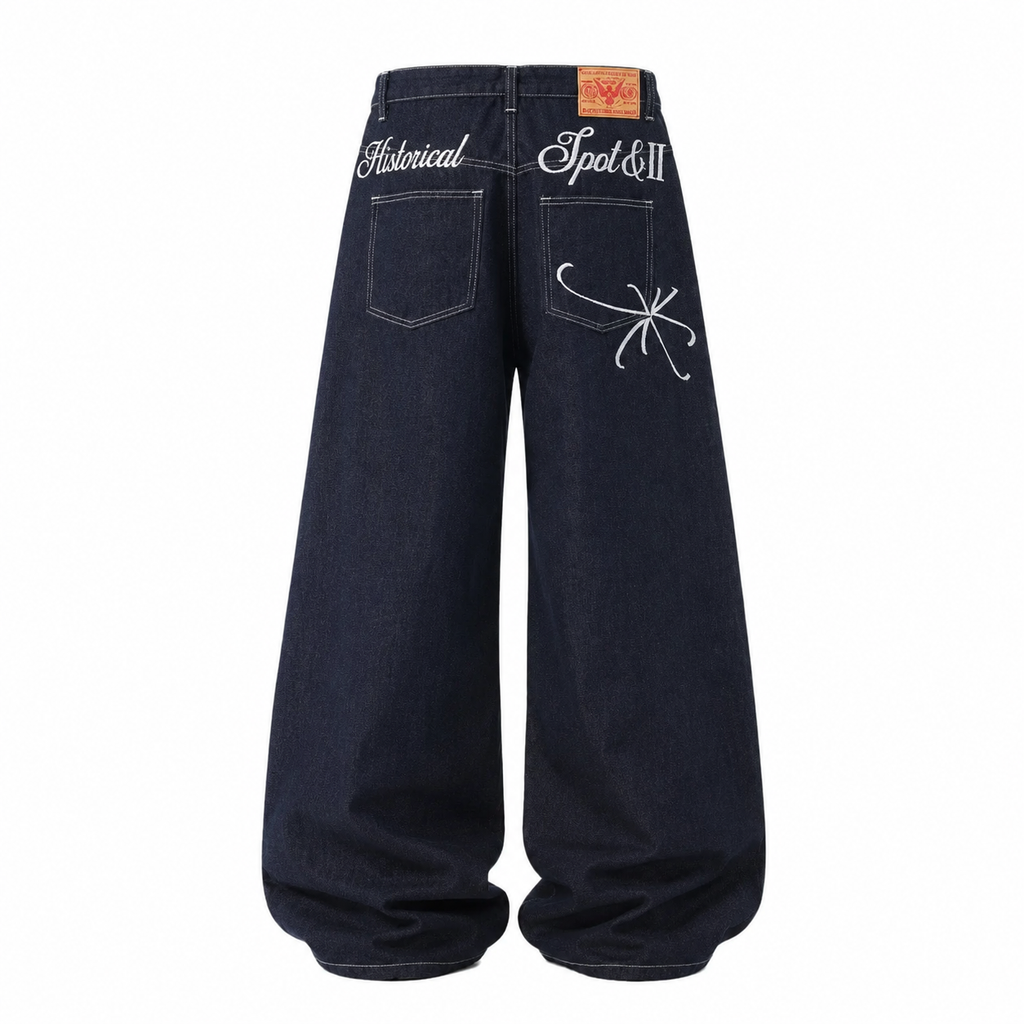 VAREN FORM Embroidered Wide-Leg Denim Jeans in Indigo Navy for men's gym-to-street wear