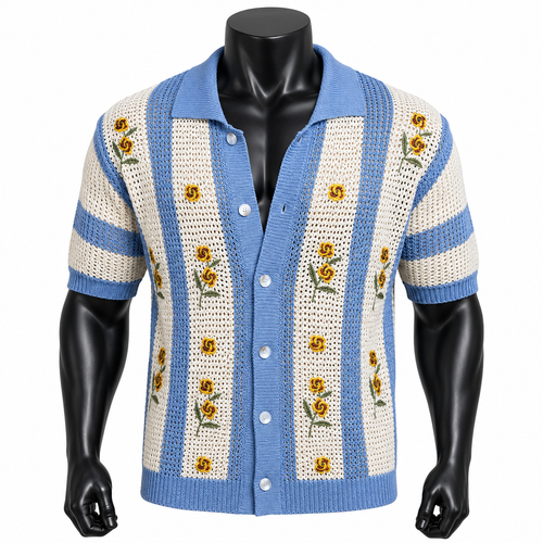 VAREN FORM Floral Embroidered Open-Knit Shirt in Blue Floral