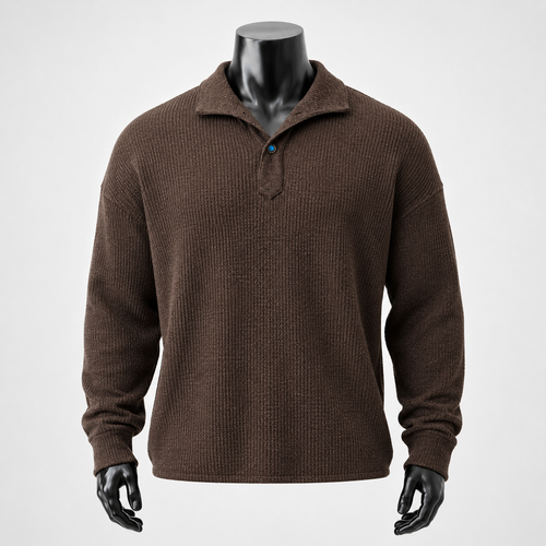 VAREN FORM Italian Collar Long Sleeve Polo in dark brown view 2 view