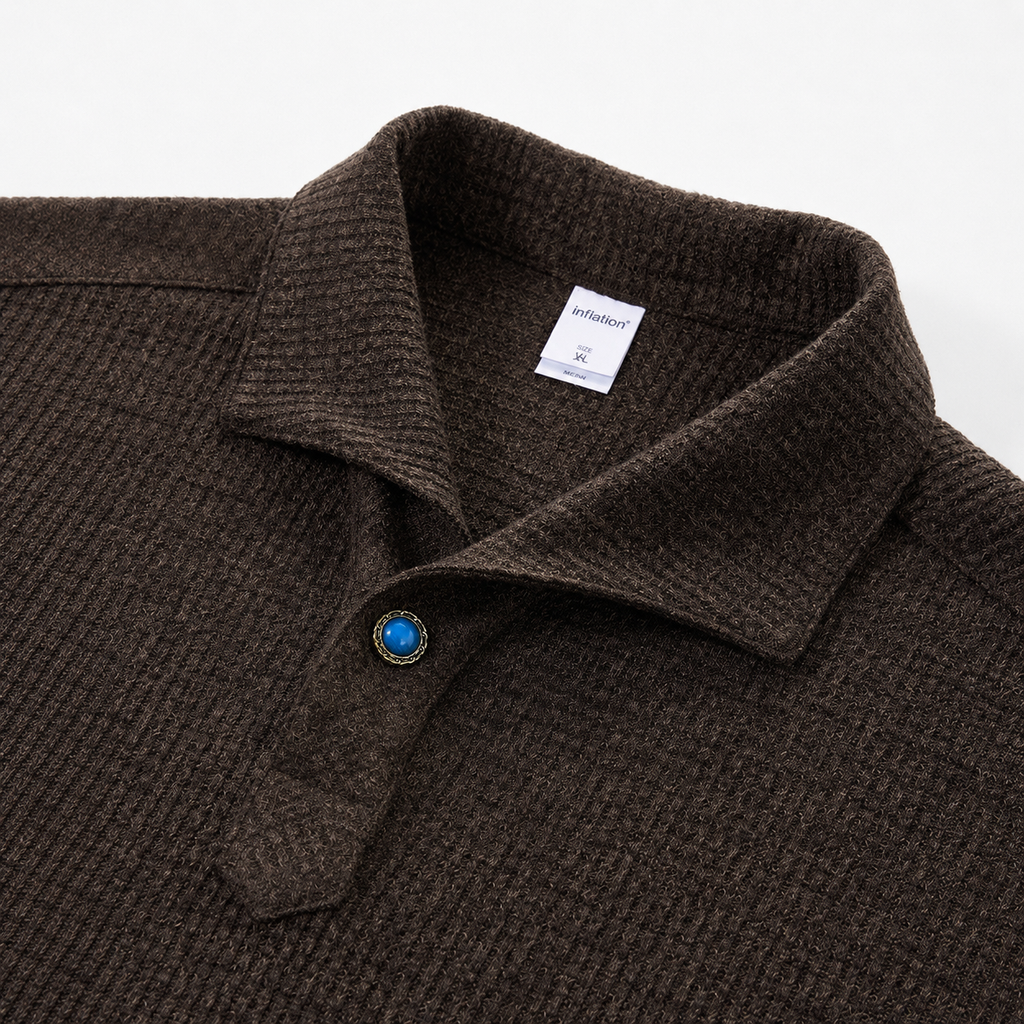 VAREN FORM Italian Collar Long Sleeve Polo in dark brown view 3 view