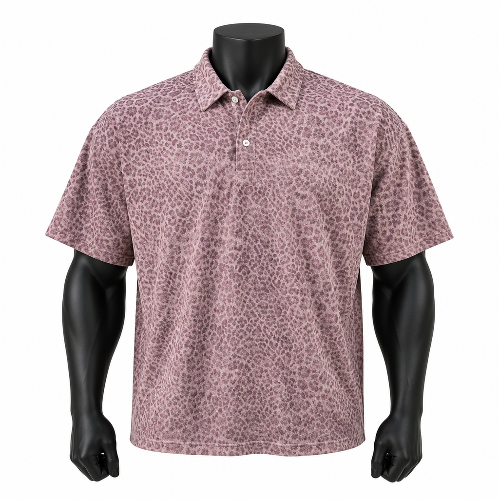 VAREN FORM Leopard Print Relaxed Polo Shirt in Dusty Pink Leopard for men's gym-to-street wear