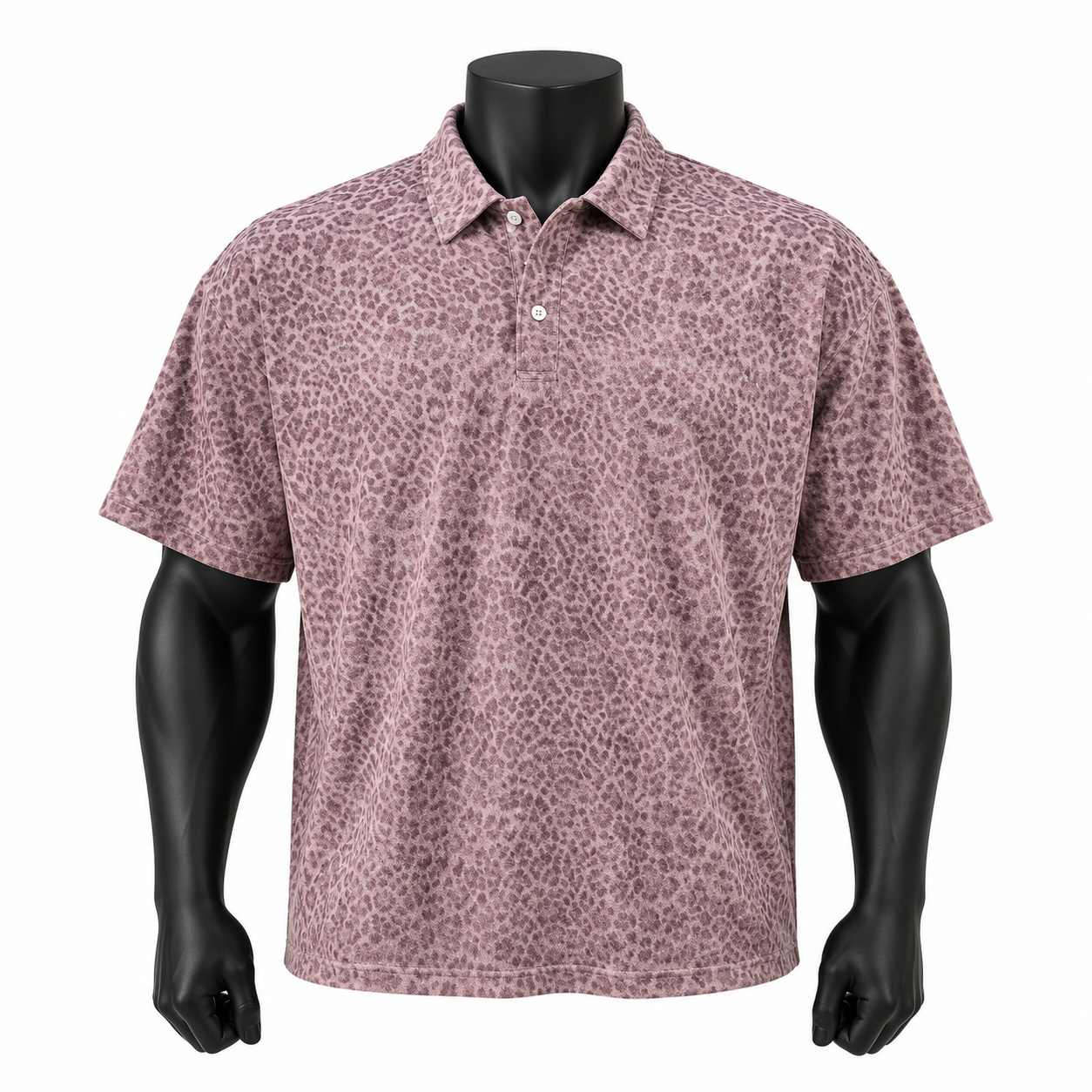 VAREN FORM Leopard Print Relaxed Polo Shirt in Dusty Pink Leopard for men's gym-to-street wear