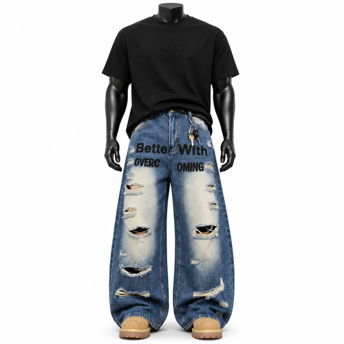 VAREN FORM Letter Print Wide-Leg Jeans in Washed Black