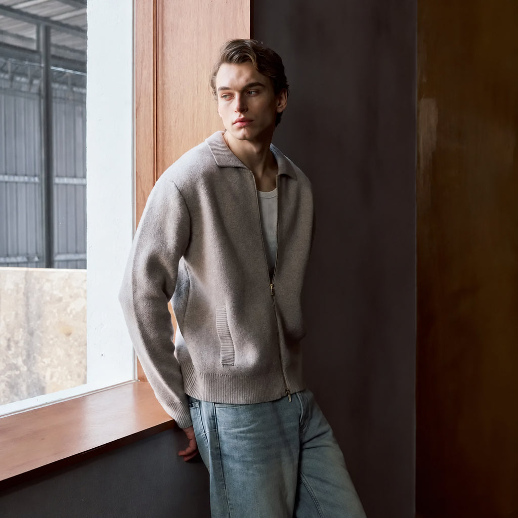 Men's 18-Gauge Fine-Knit Wool Zip Cardigan in light gray - worn