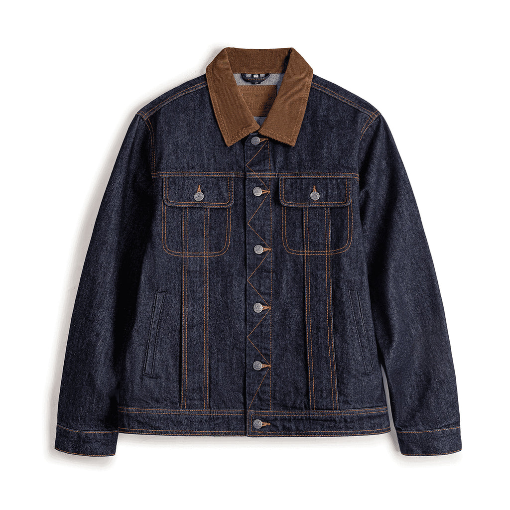 Men's Corduroy-Collar Denim Trucker Jacket in blue - product view