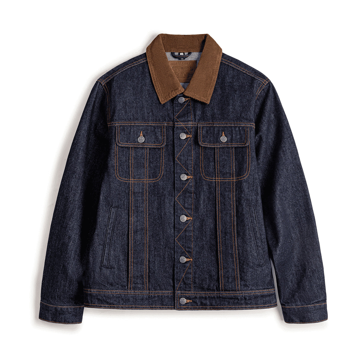 Men's Corduroy-Collar Denim Trucker Jacket in blue - product view