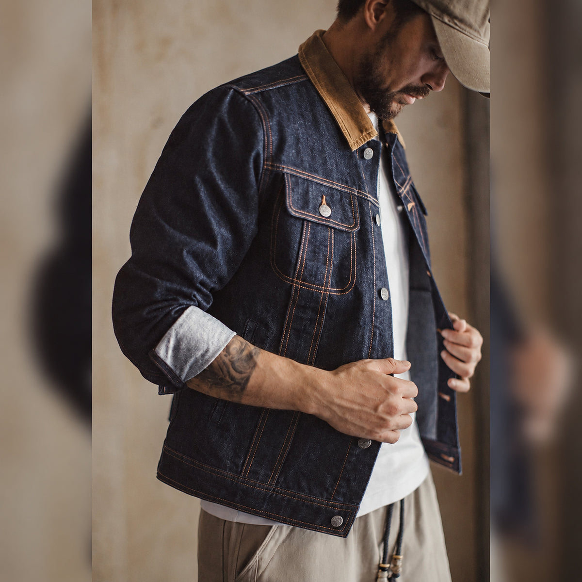 Men's Corduroy-Collar Denim Trucker Jacket in blue - worn view