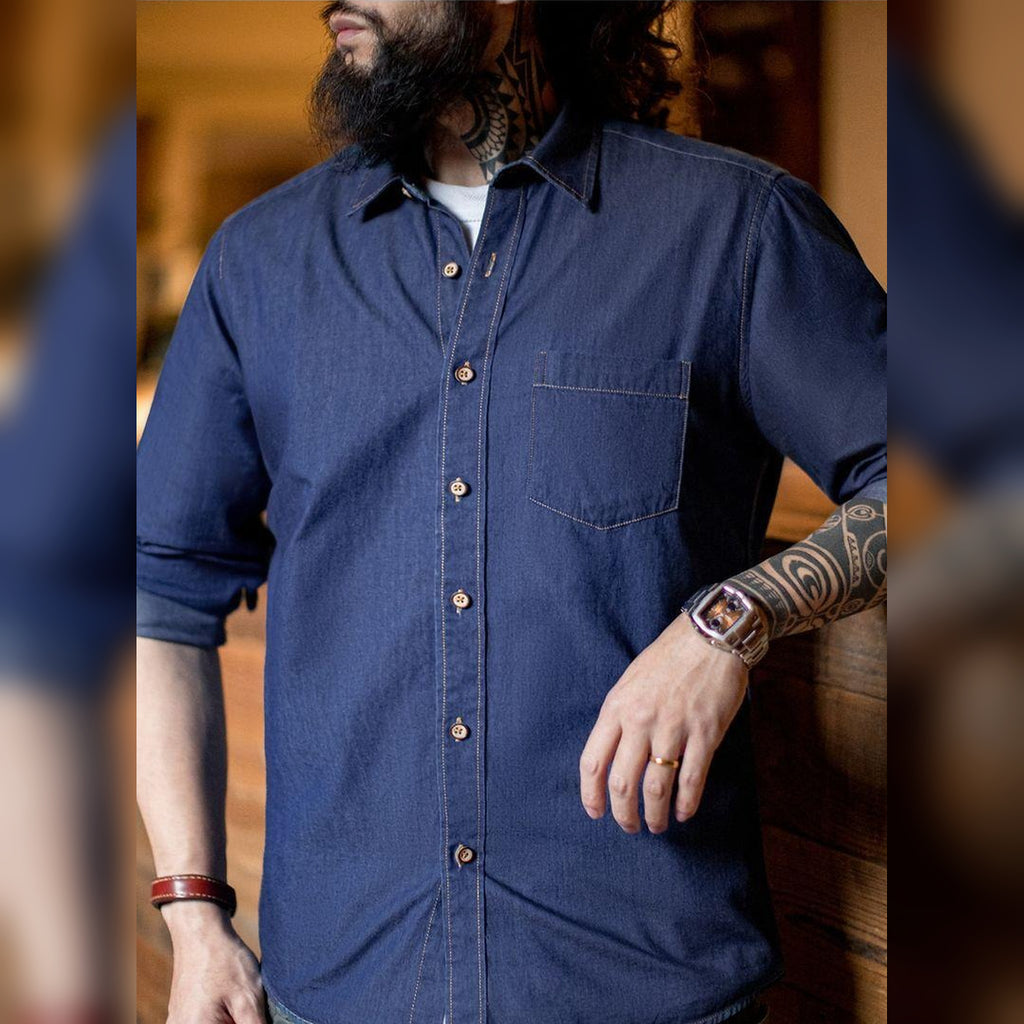Men's Single-Pocket Blue Denim Work Shirt in blue - worn view