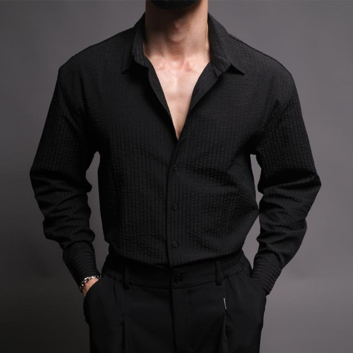 Men's Textured Long-Sleeve Button-Up Shirt in black - product