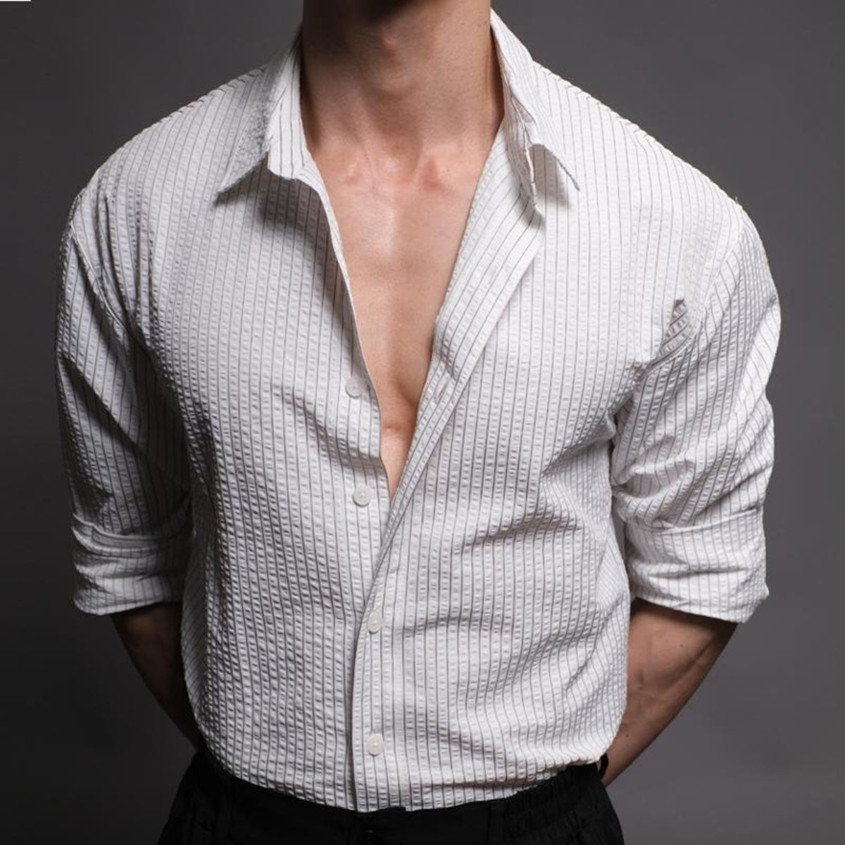 Men's Textured Long-Sleeve Button-Up Shirt in white - worn