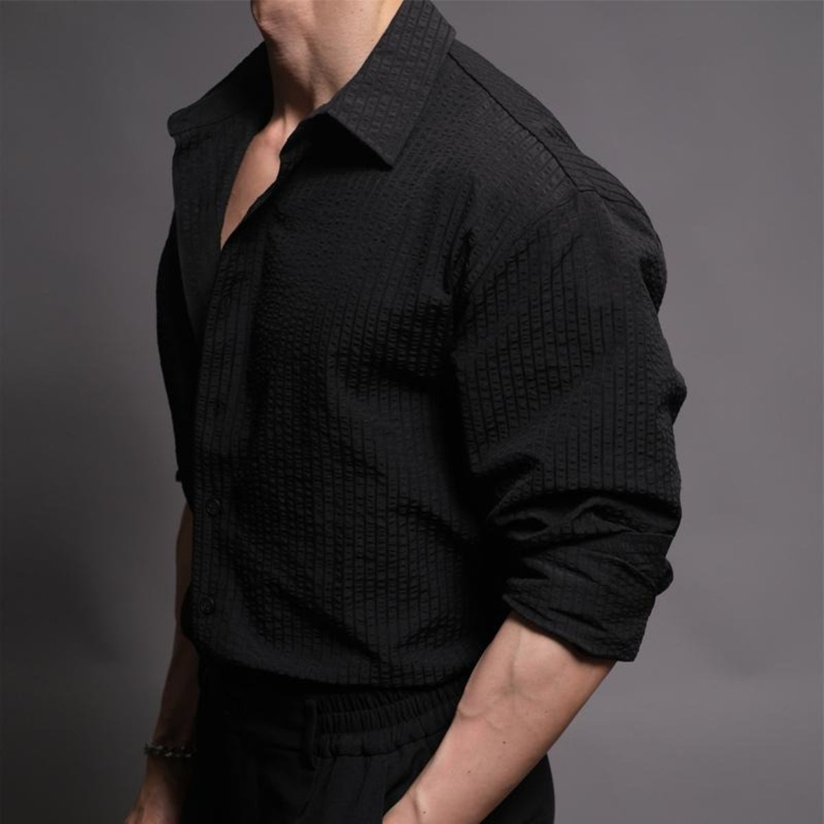 Men's Textured Long-Sleeve Button-Up Shirt in black - worn