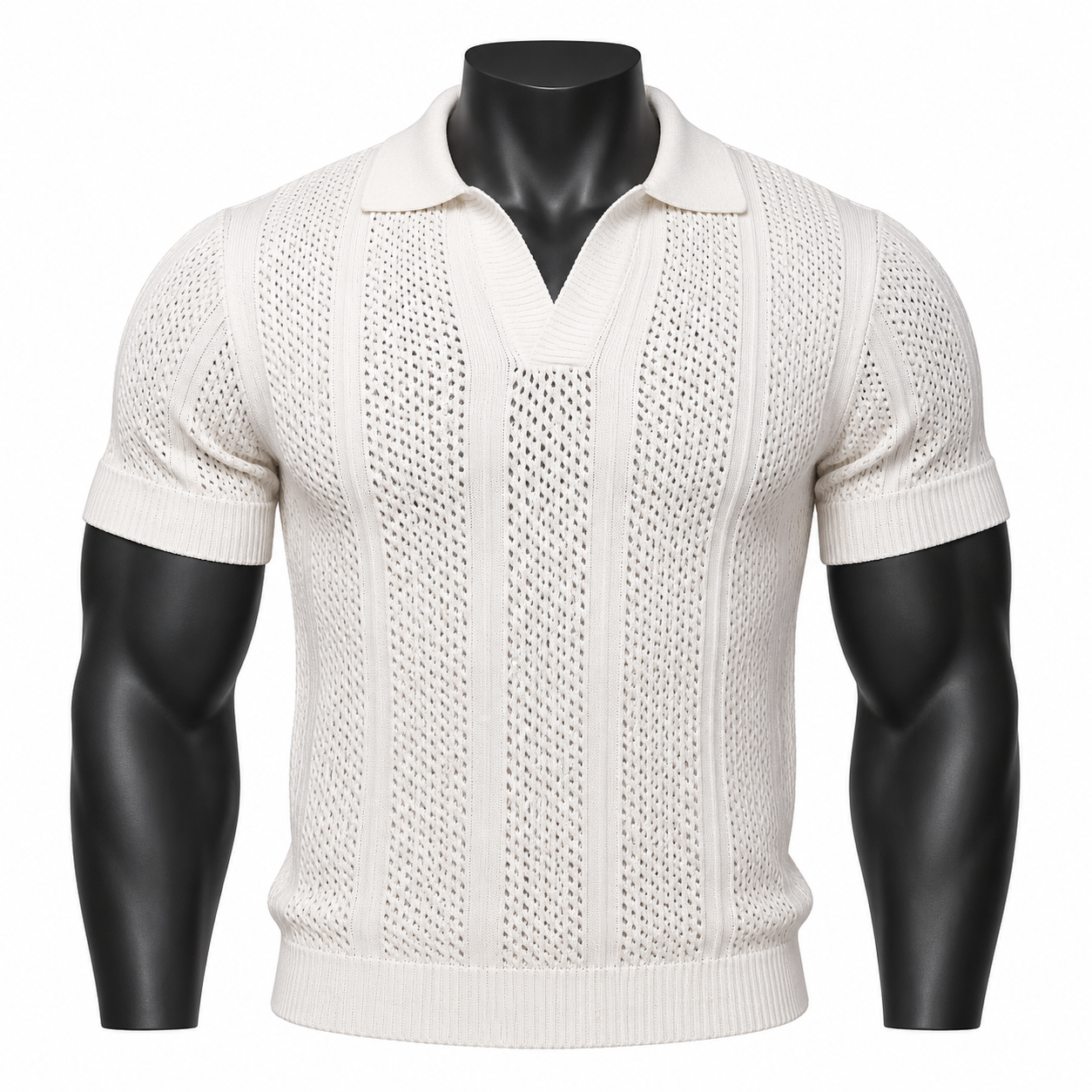 VAREN FORM Mesh V-Neck Knit Polo Shirt in Ivory