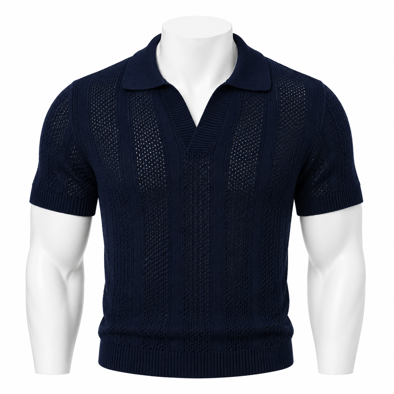 VAREN FORM Mesh V-Neck Knit Polo Shirt in Navy for men's gym-to-street wear