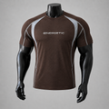VAREN FORM Moisture-Wicking Colorblock Training Tee in espresso brown front view