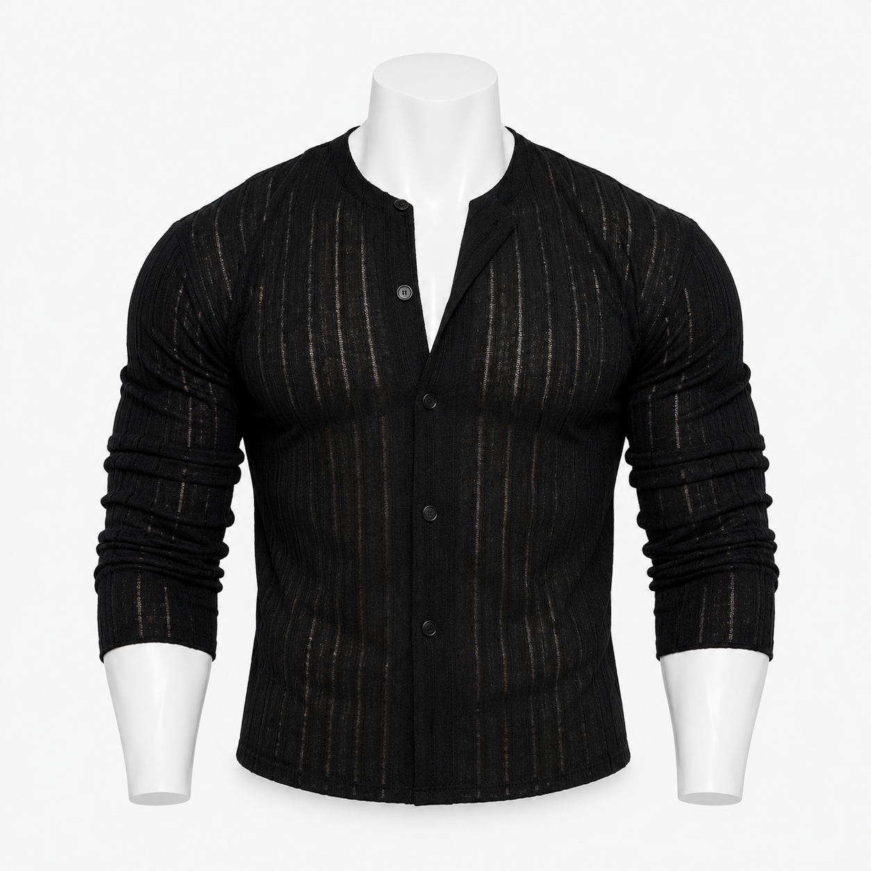 VAREN FORM Open-Knit Button Polo Cardigan in Black