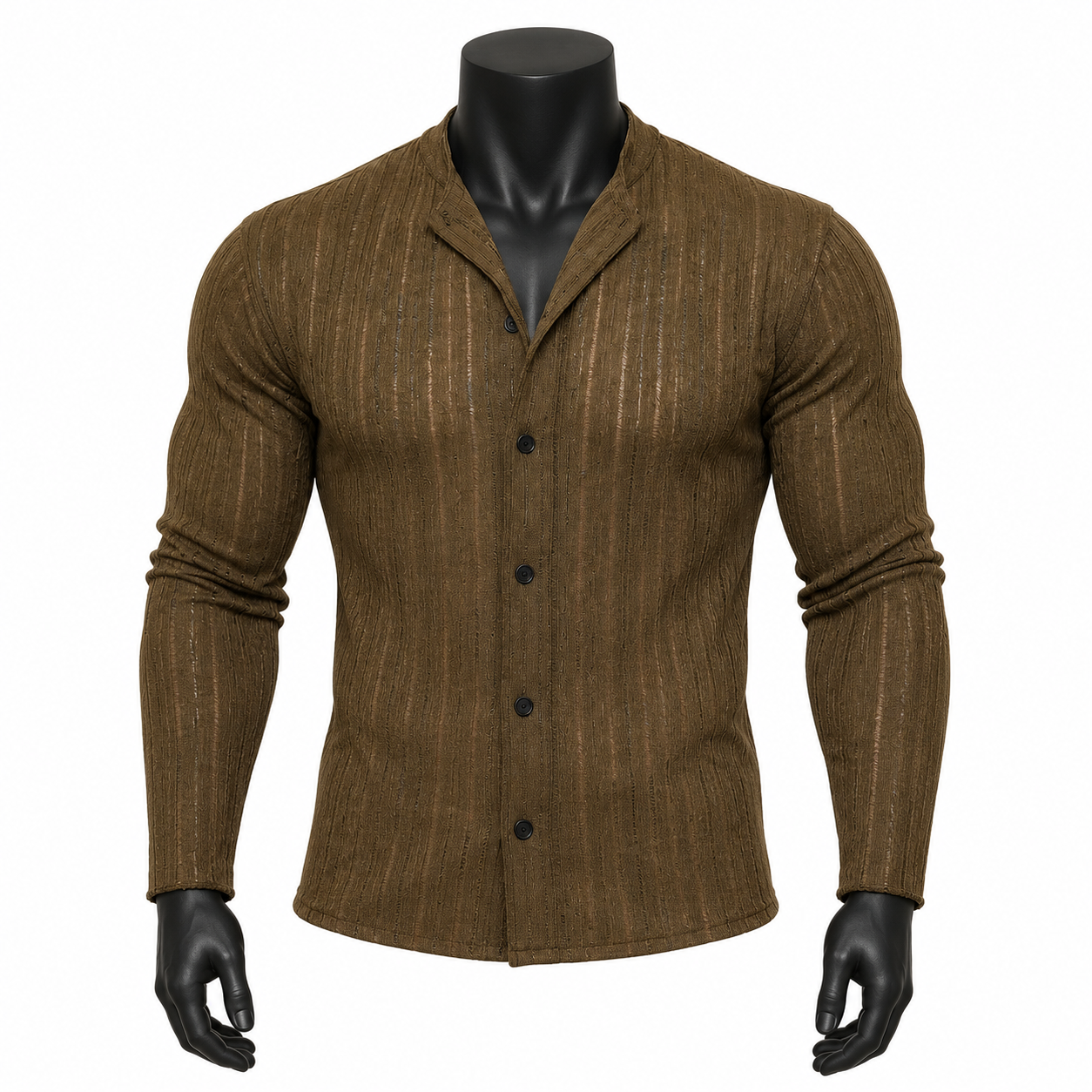 VAREN FORM Open-Knit Button Polo Cardigan in Mocha Brown for men's gym-to-street wear