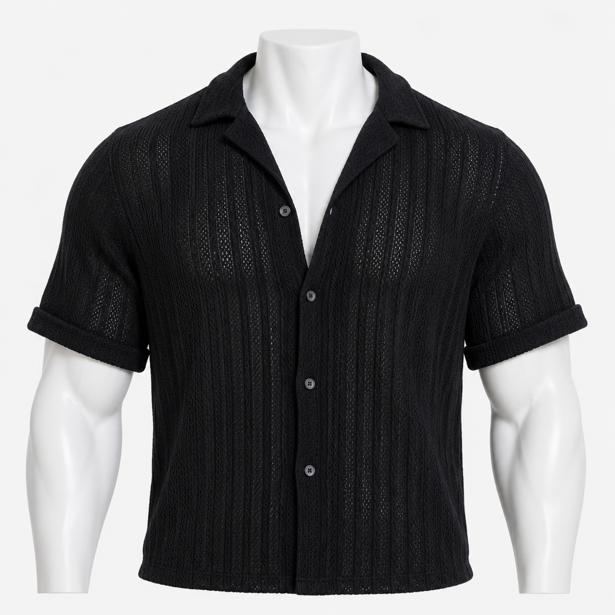 VAREN FORM Open-Knit Cuban Collar Shirt in Black