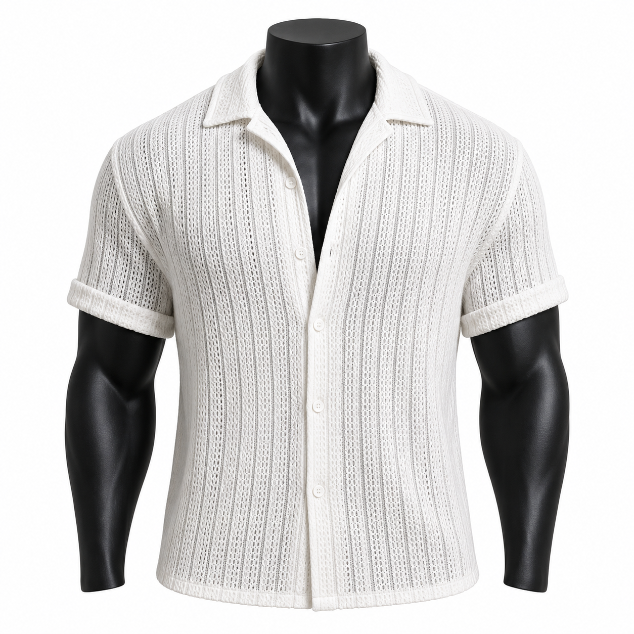 VAREN FORM Open-Knit Cuban Collar Shirt in Ivory for men's gym-to-street wear