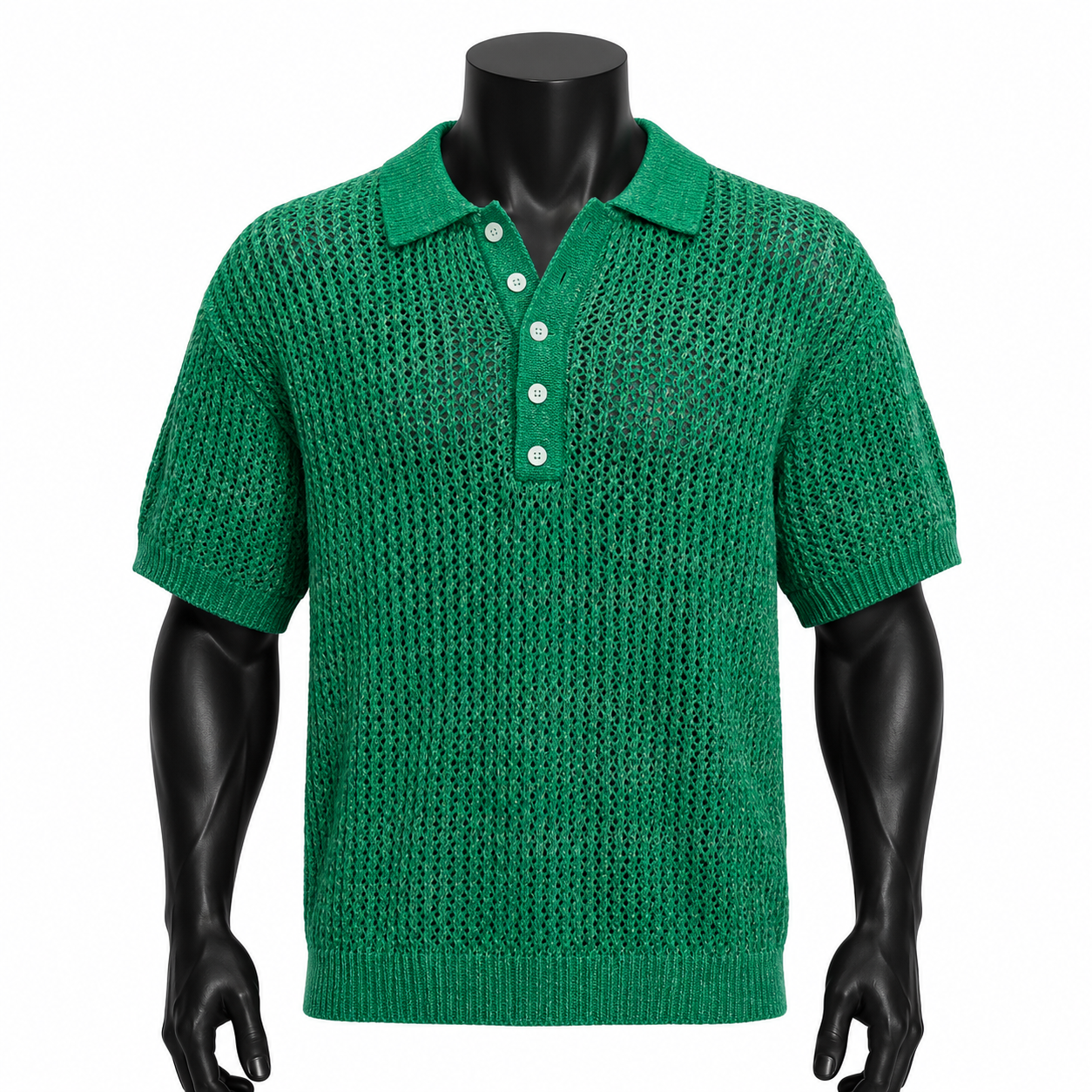 VAREN FORM Open-Knit Textured Polo Shirt in Emerald Green
