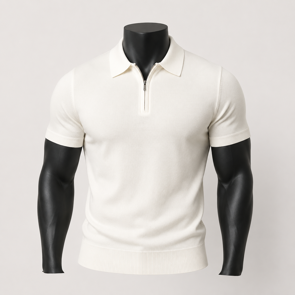 VAREN FORM Ribbed Half-Zip Knit Polo Shirt in Ivory for men's gym-to-street wear