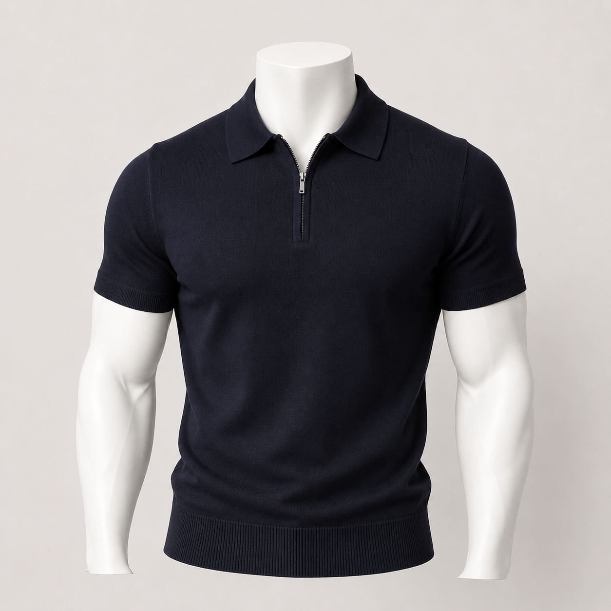 VAREN FORM Ribbed Half-Zip Knit Polo Shirt in Navy