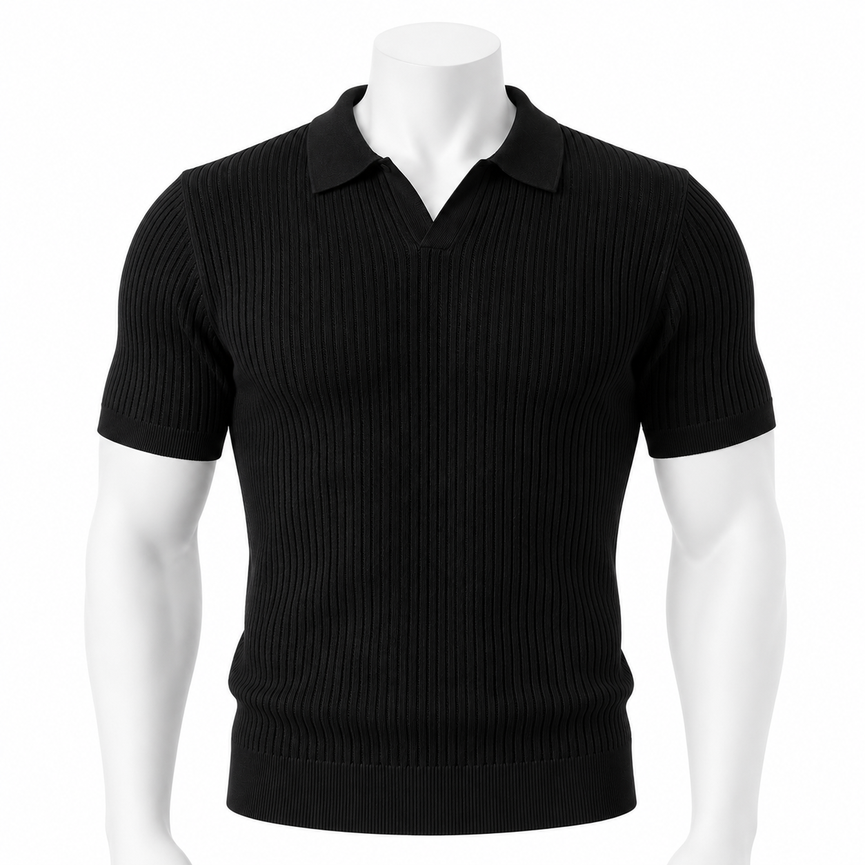 VAREN FORM Ribbed Open-Knit Short Sleeve Polo in Black