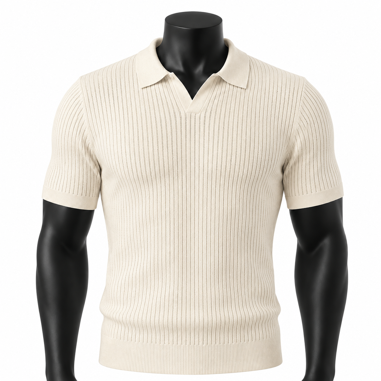 VAREN FORM Ribbed Open-Knit Short Sleeve Polo in Cream