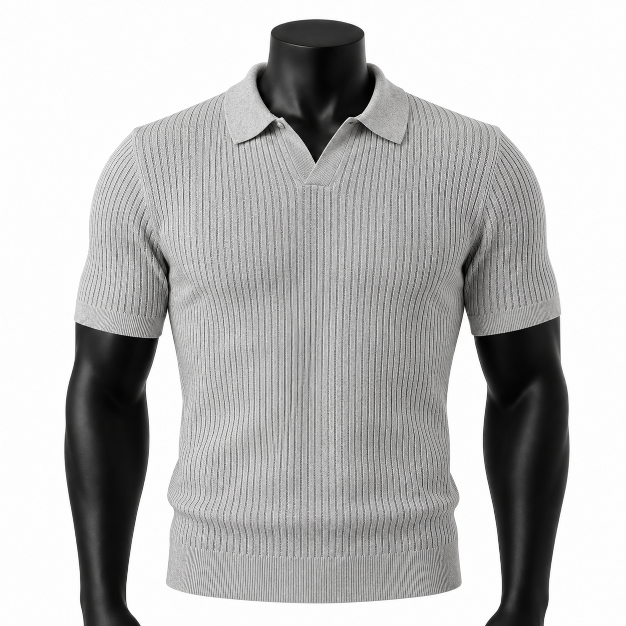 VAREN FORM Ribbed Open-Knit Short Sleeve Polo in Heather Grey
