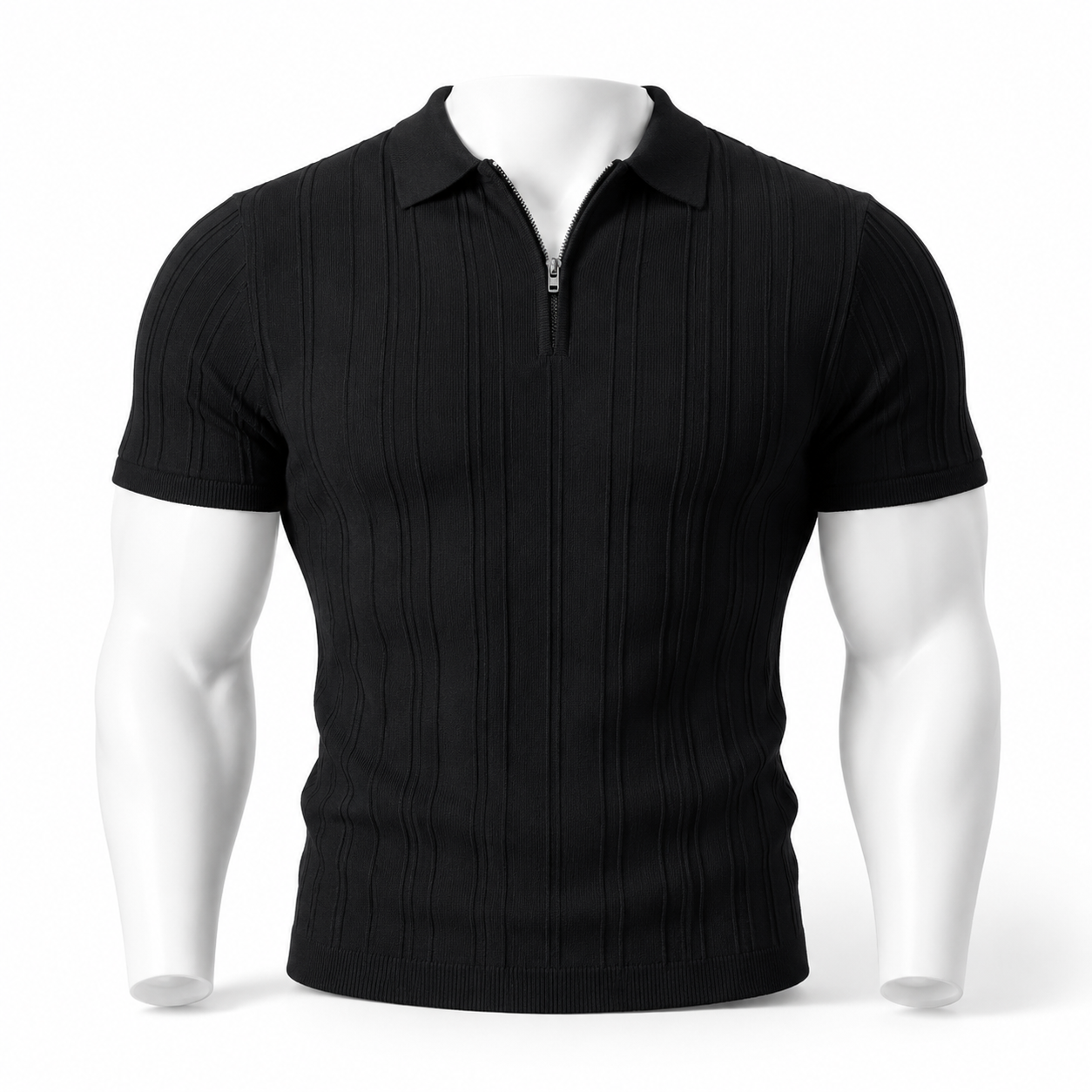 VAREN FORM Ribbed Zip Short Sleeve Polo Shirt in Black