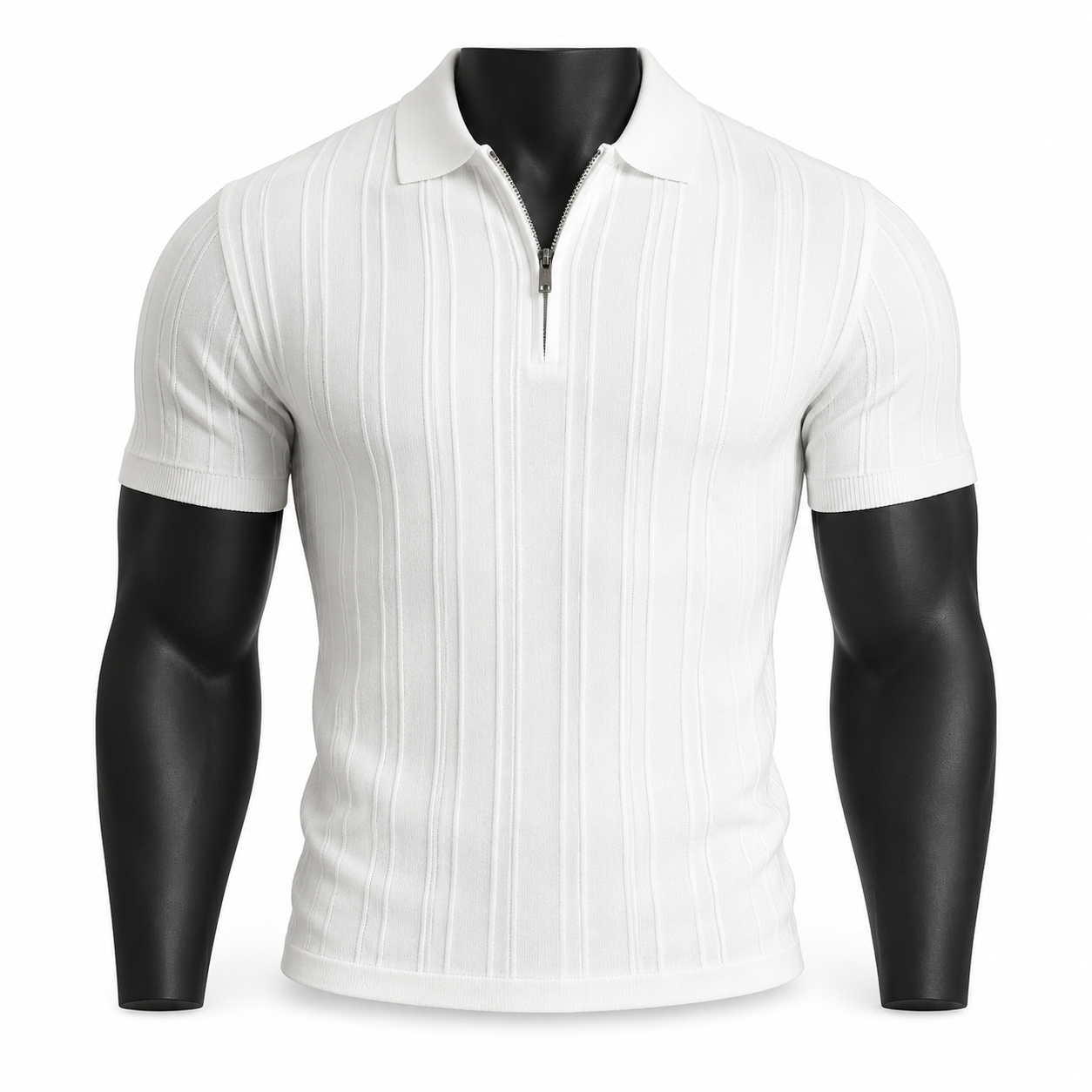 VAREN FORM Ribbed Zip Short Sleeve Polo Shirt in Ivory for men's gym-to-street wear