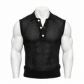 VAREN FORM Sleeveless Open-Knit Polo Vest in Black for men's gym-to-street wear