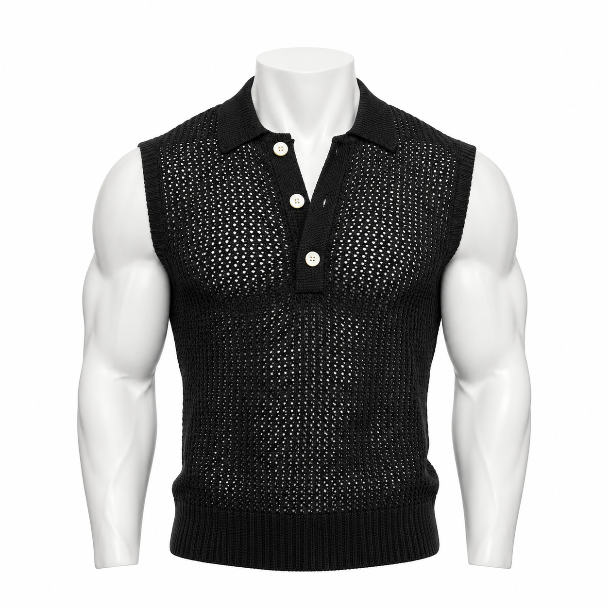 VAREN FORM Sleeveless Open-Knit Polo Vest in Black for men's gym-to-street wear