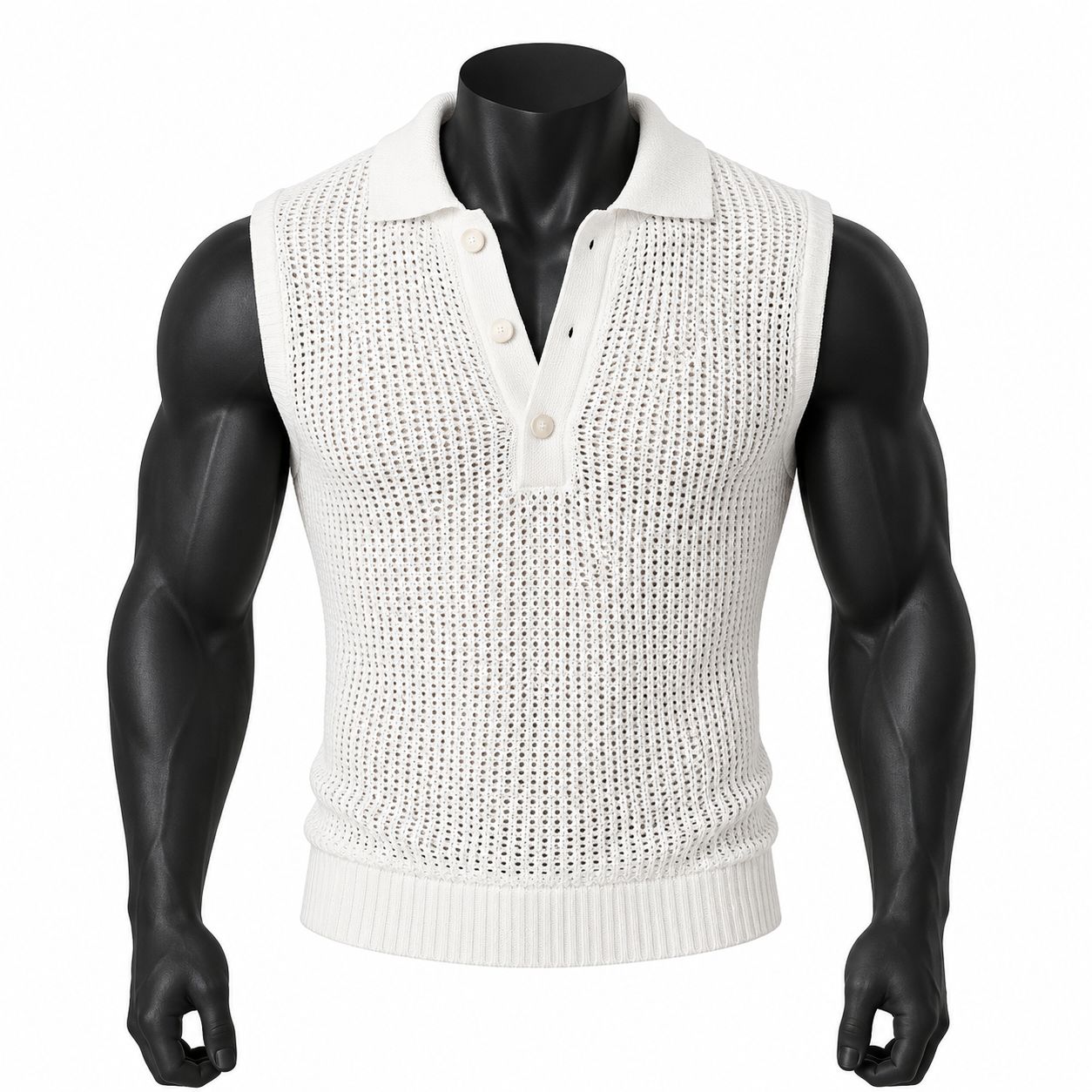VAREN FORM Sleeveless Open-Knit Polo Vest in Ivory